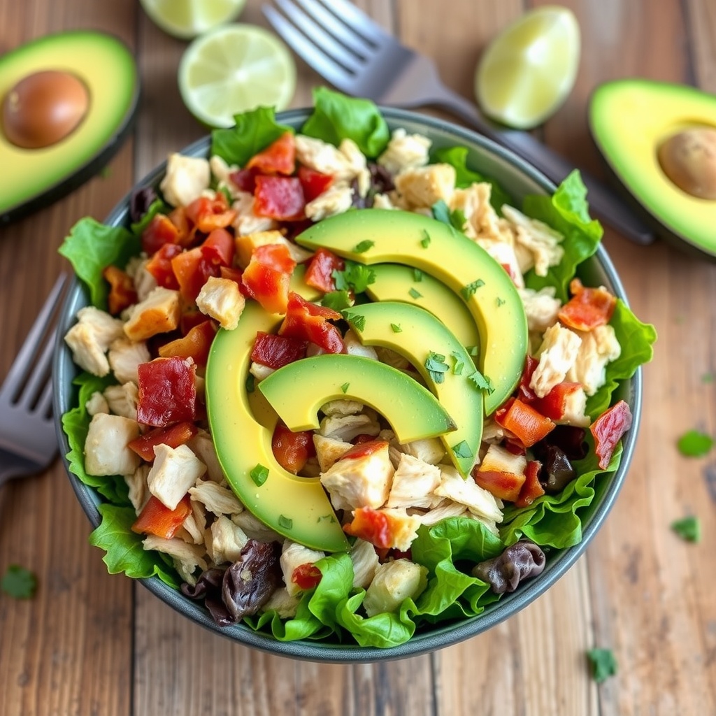 A colorful avocado and bacon chicken salad on a wooden table, garnished with lime.